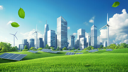 Fototapeta premium Sustainable Cityscape: Solar Panels and Wind Turbines for a Greener Future