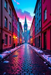 Fototapeta premium vaporwave cobblestone street, early thaw in old town setting, copy space on the left for creative use for printing on a T-shirt