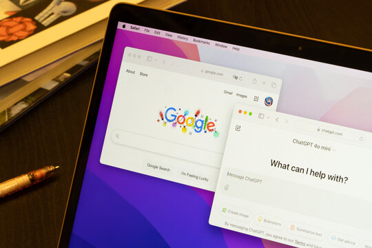Portland, OR, USA - Dec 27, 2024: Homepages of Google.com and ChatGPT.com are seen on the screen of a computer. Google.com vs ChatGPT.com and search engine competition concepts.