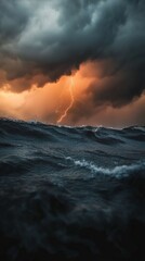 Dramatic lightning illuminates a stormy ocean scene. Dark clouds overhead contrast with the fiery orange hues of the setting sun. The waves are powerful, reflecting the intensity of the storm.