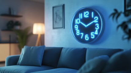 Blue neon clock on wall above sofa in living room at night.