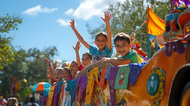 A giant parade float filled with smiling children waving to the crowd with colorful banners and decorations around them