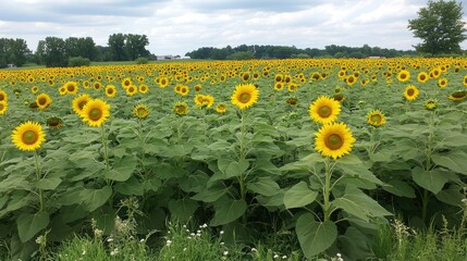 Expansive Sunflower Field Under Cloudy Skies