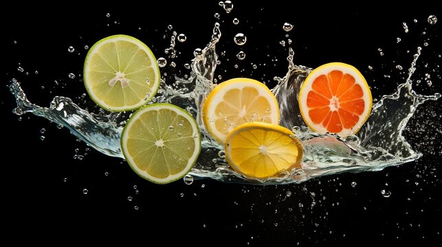 Vertical motion of lemon and lime citrus slices falling into clear water creating splashing bubbles and rippling liquid effect  Vibrant fresh and natural background for healthy living recipes