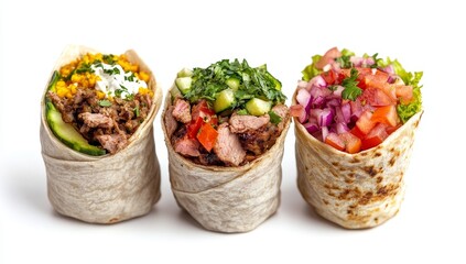 Three delicious gourmet burritos with various fillings isolated on white.