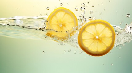 close up image of a sliced lemon dropping and splashing into crystal clear water creating soft ripples and splashes in serene yellow tones  Minimal