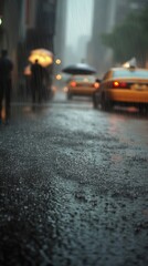 Rainy city street scene with blurred figures under umbrellas and yellow cabs. Dark, moody atmosphere with glistening wet pavement.