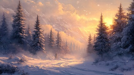 Serene Winter Sunset in a Snowy Mountain Forest
