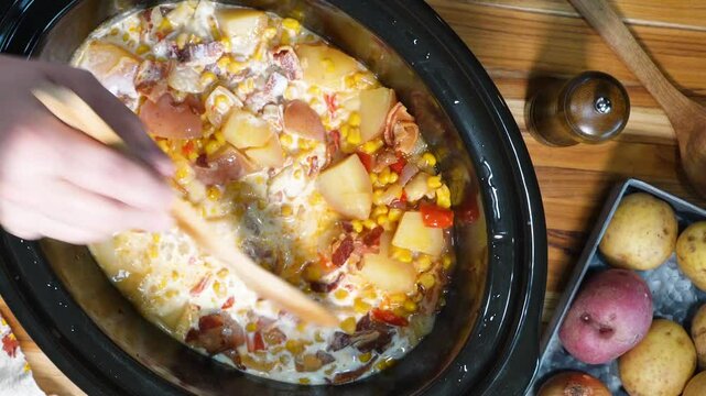 Cooking tuna casserole for a week night meal. Pasta dish with tuna, peas, pasta in a cream sauce with lots of cheese. Sizzling bacon in a skillet.