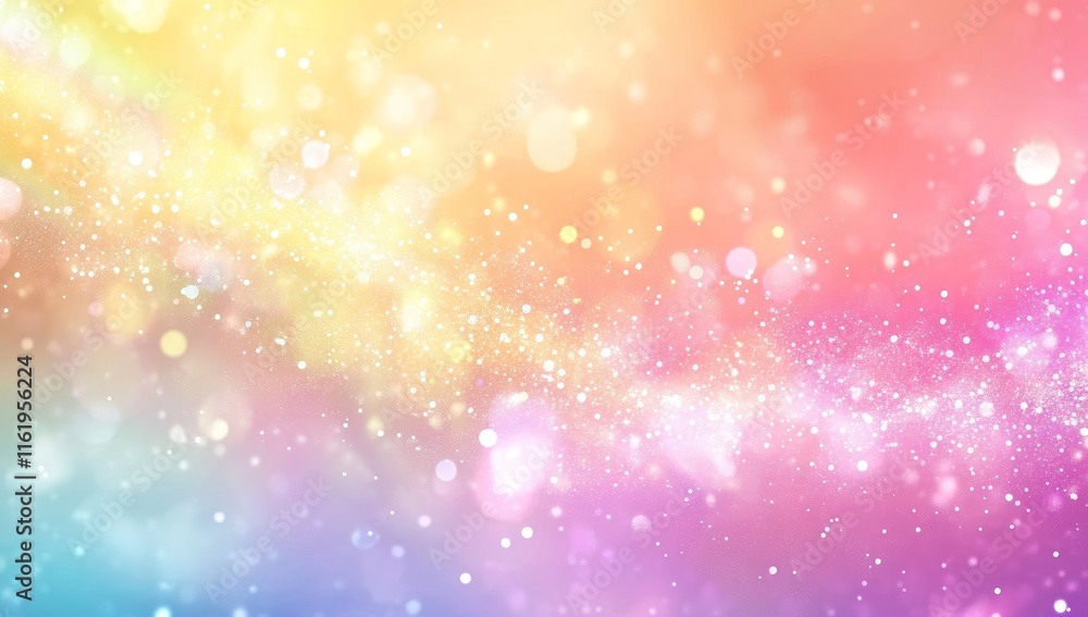 Poster abstract pastel rainbow bokeh background with glittering particles and soft light.