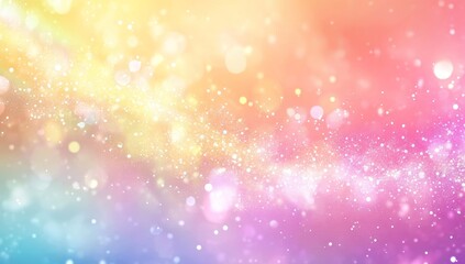 Abstract pastel rainbow bokeh background with glittering particles and soft light.