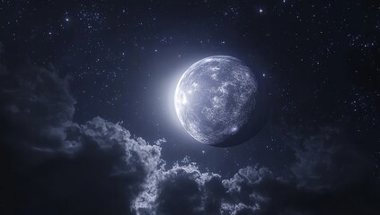 Glowing moon above dark clouds and starry night sky.