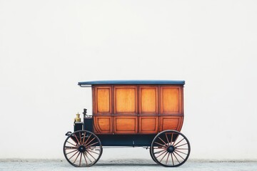 Antique wooden horse-drawn carriage, side view against a white wall.