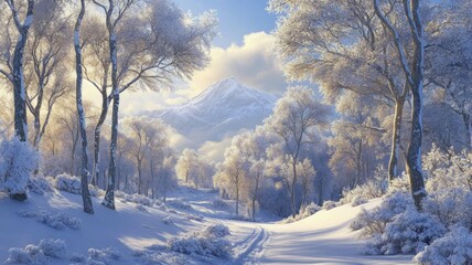 Obraz premium Winter Wonderland Path Leading to Snowy Mountain