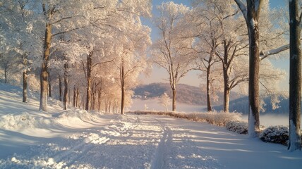 Fototapeta premium Snow covered trees line a winter pathway towards a distant mountain