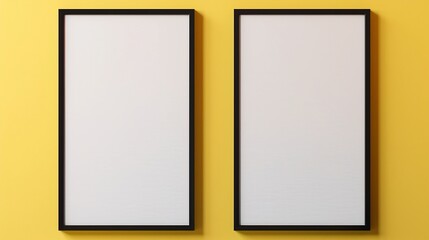 Minimalist vertical frame with sharp black edges showcasing a blank canvas against a pearl yellow background and reflective porcelain tiles creating a clean and contemporary display