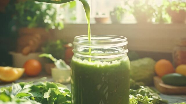 A healthy green smoothie being poured into a mason jar, surrounded by fresh leafy greens, citrus fruits, and vibrant natural light in a cozy kitchen setting