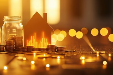 Savings growth concept minimalist home with coins and financial insights cozy setting inspirational viewpoint