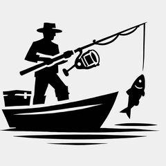 very simple, flat, and minimalist fisherman silhouette with black color on a white background