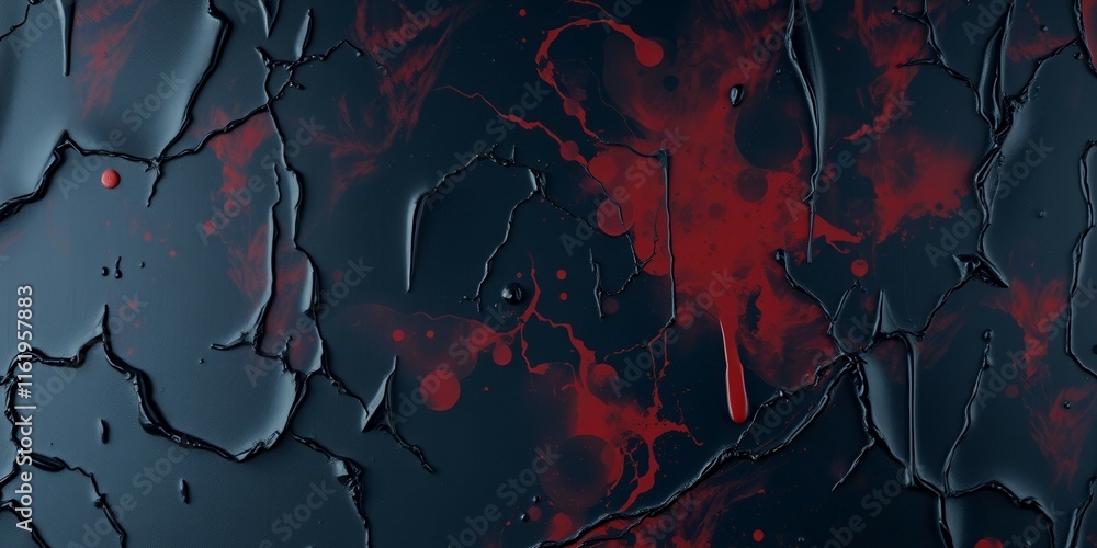 Poster a black and red background with splatters of red paint. the splatters are in various sizes and are s