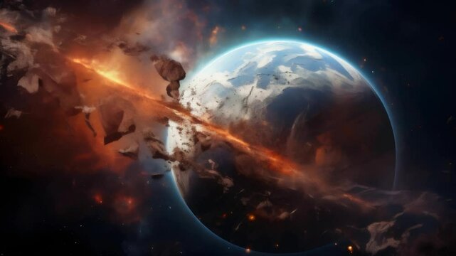 Catastrophe of the planet, explosion and break into pieces in a fireball