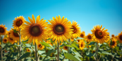 Obraz premium A field of yellow sunflowers with a blue sky in the background. The sunflowers are in full bloom and are arranged in a way that creates a sense of depth and perspective. The scene is peaceful