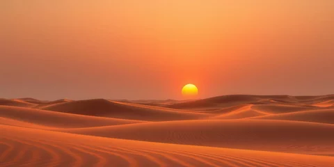 Fototapeten A desert landscape with a large sun in the sky. The sun is setting, casting a warm glow over the sand dunes. The scene is peaceful and serene © LarisaM