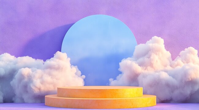Pastel yellow two-tiered podium in a dreamy cloud and purple background setting with a light blue circle.