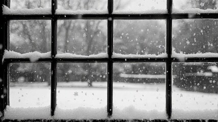 Snowy Winter Scene Viewed Through a Paned Window