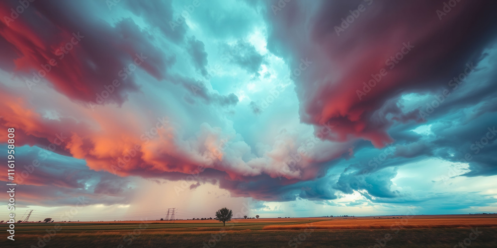 Poster a stormy sky with a tree in the middle of the field. the sky is filled with dark clouds and the sun 