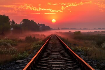 Fototapeta premium Railway on the background of a beautiful sunset