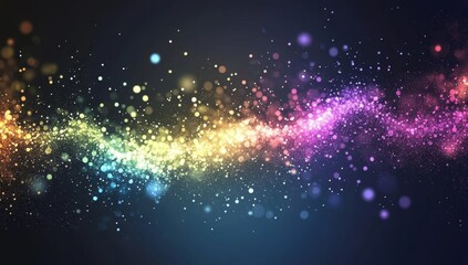 Fototapeta premium Abstract rainbow wave of colorful particles and glittering lights on dark background.