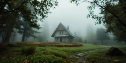 A small house is surrounded by trees and bushes. The house is in a foggy forest, and the trees are tall and leafy. Scene is peaceful and serene, with the fog adding a sense of mystery