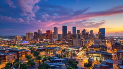 Obraz premium Denver Skyline Illuminates Dusk A Vibrant Cityscape