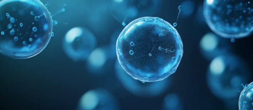 Microscopic view of cells, glowing blue, abstract background.