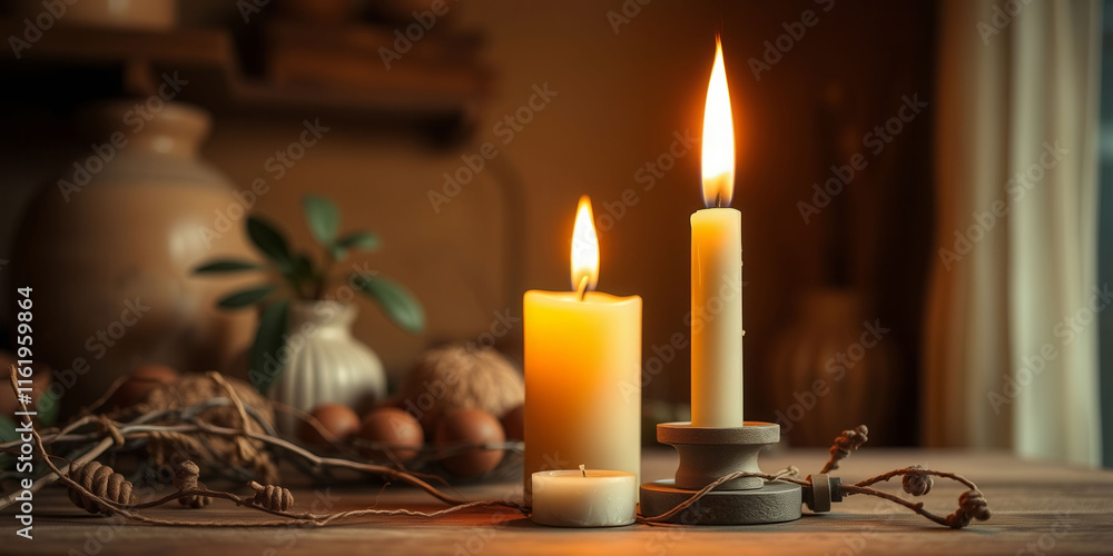Poster two candles are lit on a table with a vase and a potted plant in the background. the candles are pla