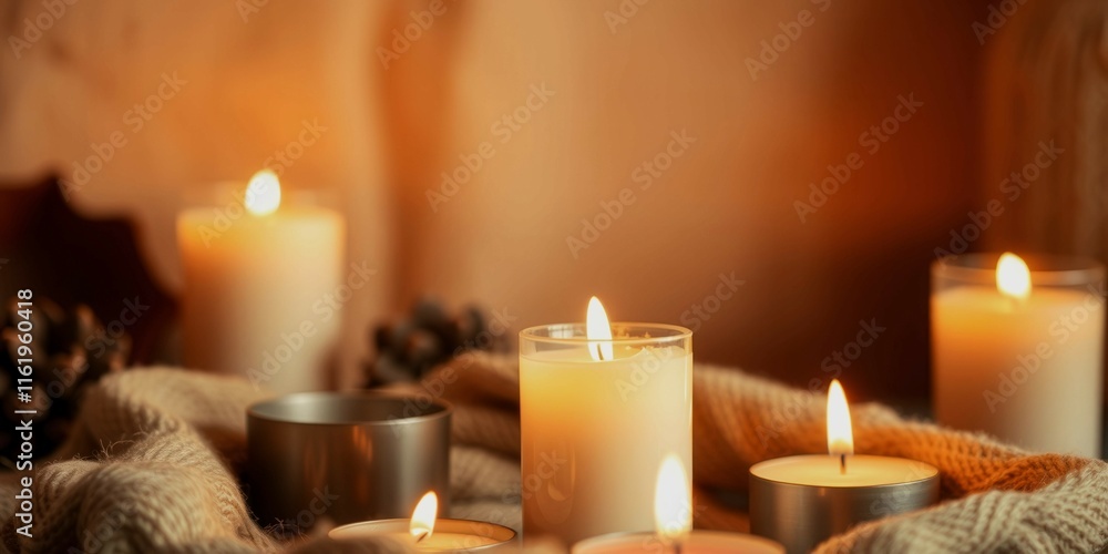Poster a group of candles are lit and arranged on a table. the candles are of different sizes and are place