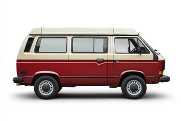 Red and beige vintage camper van, side view, isolated on white background.