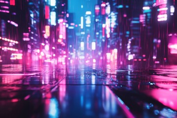 Futuristic city street at night, neon lights reflecting on wet ground.