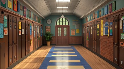 A Classic School Hallway With Lockers And Artwork