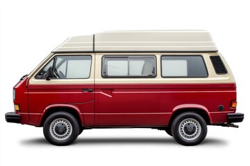 Classic red and beige camper van, side profile on white background.