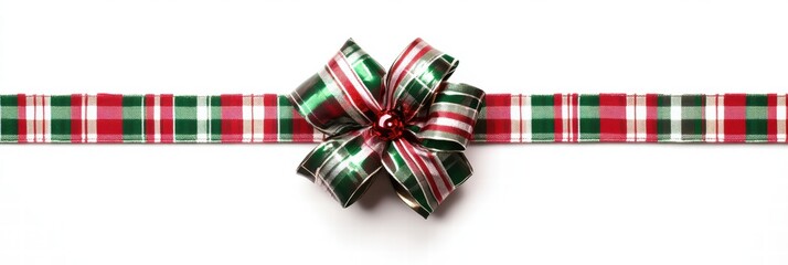 Fototapeta premium Festive plaid Christmas gift bow with vibrant colors and ample copy space for personalized messages. Generative AI