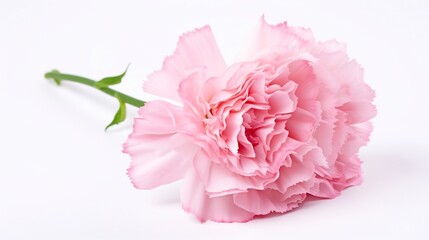 Exquisite pink carnation flower with delicate ruffled petals displayed on a clean crisp white surface  The vibrant soft hued bloom showcases its natural beauty and elegance in a serene