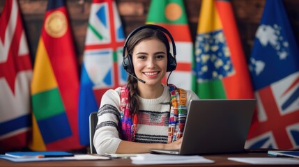 Smiling Female Translator Working Remotely with Laptop and Headset, Global Flags Background: International Communication and Language Services
