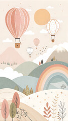 Whimsical illustration of hot air balloons and rainbow over hills