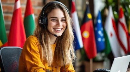 Smiling Woman with Headset, International Flags Background: Global Communication and Customer Support