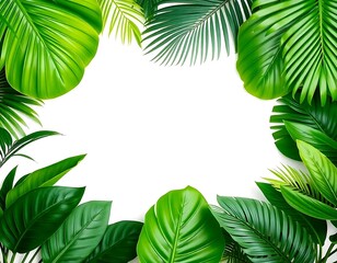 Lush Tropical Frame: Vibrant green tropical leaves create a lush, inviting frame, perfect for showcasing your summer designs or travel adventures. The image evokes feelings of warmth, relaxation.