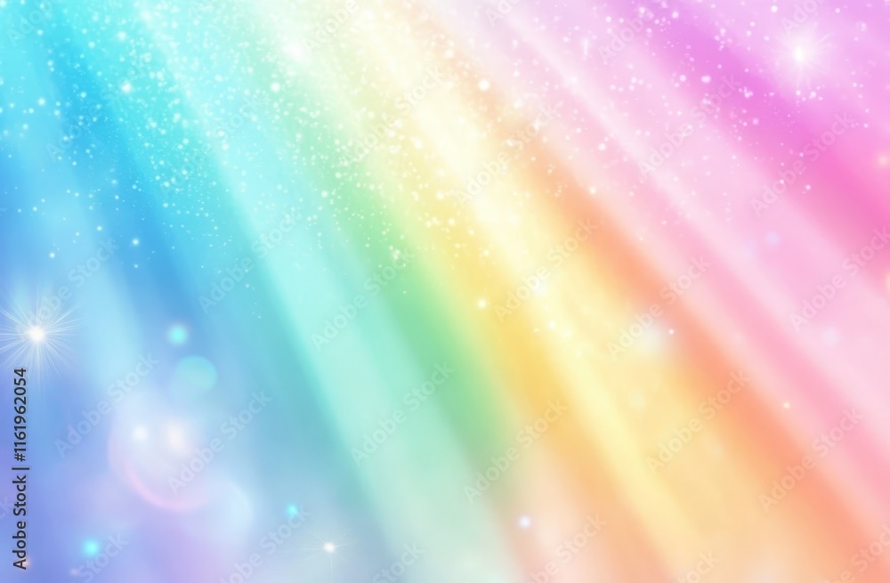 Poster pastel rainbow background with sparkling lights and bokeh effect.