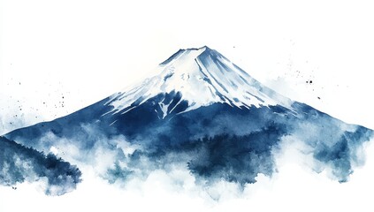 Watercolor painting of Mount Fuji, snow-capped peak, misty base, blue hues.