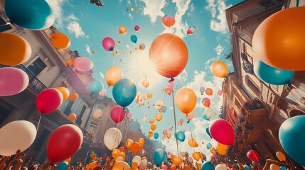 A festive occasion with balloons in bright colors soaring into the air from the crowd below